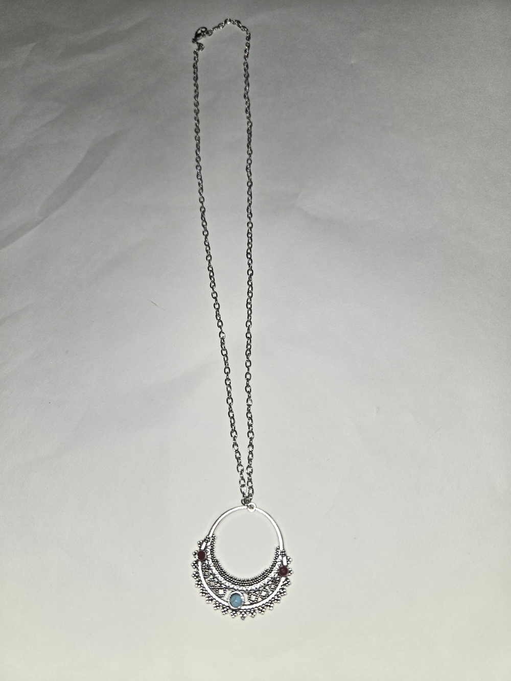 Silver Boho Pendant Necklace with Turquoise and Red Accents - Picture 2 of 6